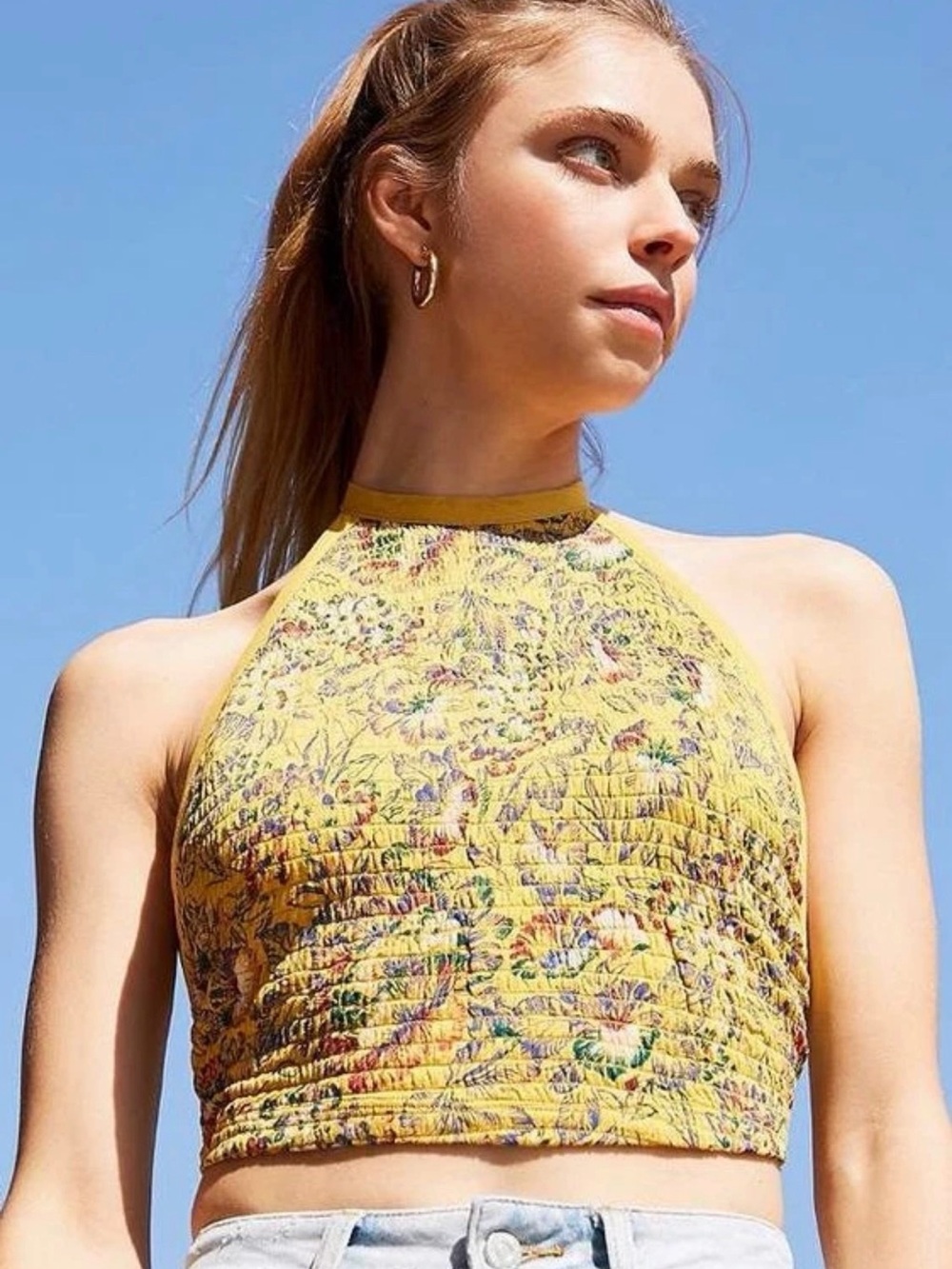 Urban Outfitters Yellow Floral Smocked Halter Crop Top